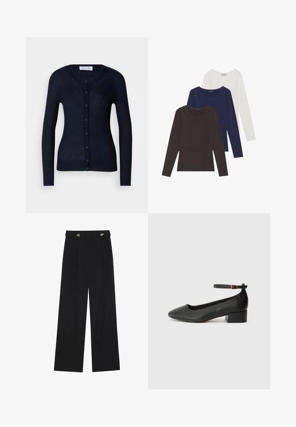 Tengerészkék, bordázott kardigán könnyű anyagból, kerek nyakkivágással, hosszú ujjakkal és teljes gombolású panelekkel, hat gombbal.; Három hosszú ujjú póló szett barna, tengerészkék és fehér színben, V-nyakkivágással, puha pamut anyagból készült.; Fekete, bő szárú nadrág magas derékkal, gombos részletekkel a derékrészen és elülső pliszékkal.; Fekete bőr magassarkú cipő hegyes orral és alacsony tömb sarkal. Bokapánttal rendelkezik, aranyszínű csattal. Simább textúra.