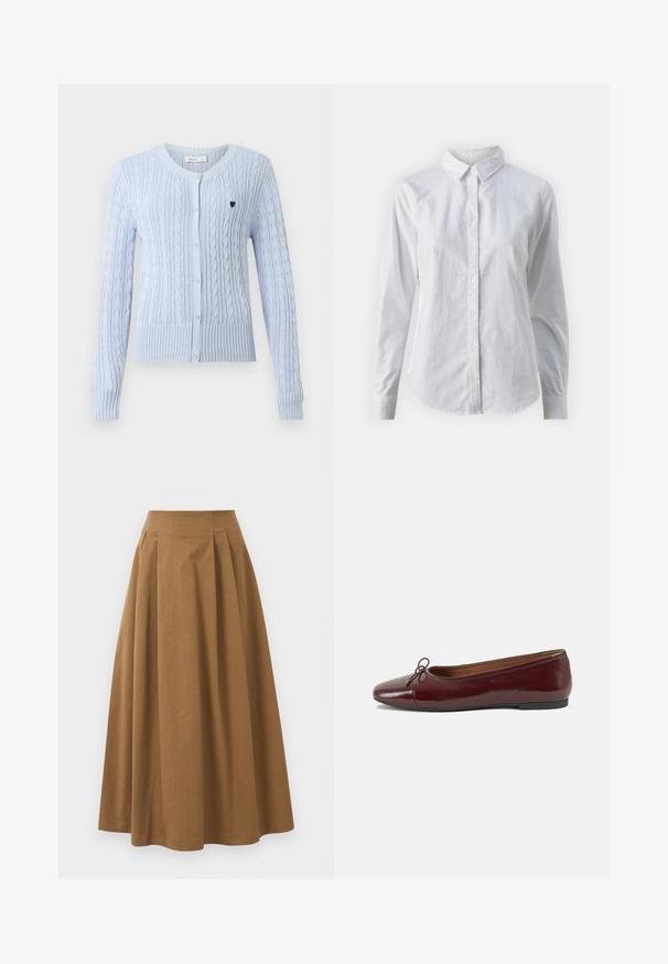 Cardigã de malha azul claro com mangas longas, bainha canelada e fecho de cinco botões. Apresenta um pequeno logótipo de coração preto no lado esquerdo do peito.; Camisa branca de botão feita de algodão suave, com colarinho clássico, mangas longas e bainha curva. Os botões são pequenos e brancos.; Saia A-line de algodão castanho com cintura alta, apresentando pregas na parte da frente e uma textura suave. As bordas da bainha são limpas e simples.; Bailarinas em couro sintético borgonha com bico redondo, pequeno laço na frente e sola baixa em borracha preta. Textura suave.