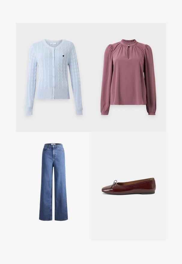 Cardigã de malha azul claro com mangas longas, bainha canelada e fecho de cinco botões. Apresenta um pequeno logótipo de coração preto no lado esquerdo do peito.; Blusa de manga longa em cor malva com gola franzida, decote em forma de olho de fechadura com fechamento por botão e ombros ligeiramente bufantes.; Jeans de ganga azul claro, de perna larga e cintura alta, com dois bolsos frontais e costuras visíveis. Apresenta um fecho de botão e zíper.; Bailarinas em couro sintético borgonha com bico redondo, pequeno laço na frente e sola baixa em borracha preta. Textura suave.