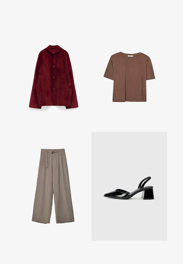 Burgunderfarbene Kunstfelljacke mit einem breiten Kragen, fünf großen Knöpfen und lockeren, verlängerten Ärmeln. Weiche Textur mit einem plüschigen Aussehen.; Braunes, kurzärmliges T-Shirt aus weichem Material mit rundem Halsausschnitt und lockerer Passform. Keine sichtbaren Muster oder Akzente.; Weite Hose aus einem weichen, gedämpften grauen Stoff, mit einem taillierten Bund und Falten für zusätzliche Design-Details. Glatte Textur, keine Muster.; Schwarze Lackleder-Slingback-High Heels mit spitzem Schuh und einem geometrischen Blockabsatz. Verfügt über ein schlankes, minimalistisches Design und eine glatte Textur.