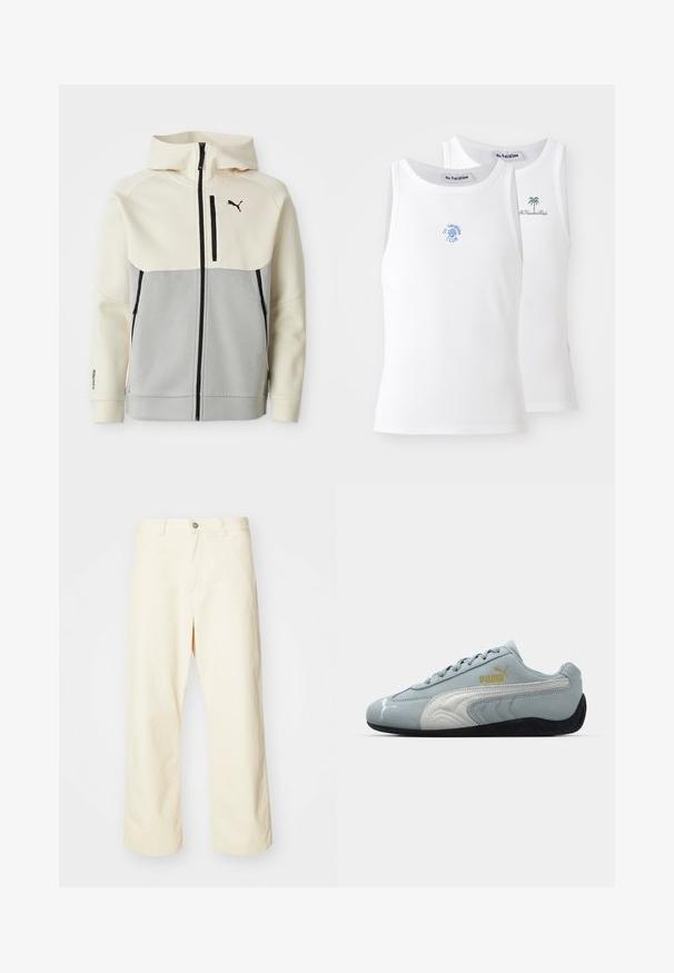 Jachetă cu glugă Puma, având o parte superioară crem și o secțiune inferioară gri, cu fermoar frontal, două buzunare și accente cu logo negru.; Două topuri albe fără mâneci, cu textură in relief, având logo-uri brodate în albastru și verde. Unul are un design cu soare, iar celălalt cu palmier.; Pantaloni largi de culoare crem, din bumbac, cu închidere cu nasture, bucle pentru curea și tiv cusut. Textură netedă, fără modele vizibile.; Adidași din suede albastru deschis cu accente albe, design texturat pe laturi, talpă din cauciuc negru și logo auriu. Concepuți pentru purtare casual.