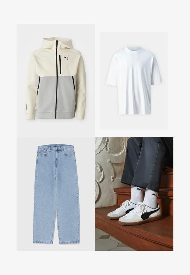 Jachetă cu glugă Puma, având o parte superioară crem și o secțiune inferioară gri, cu fermoar frontal, două buzunare și accente cu logo negru.; Tricou alb cu mânecă scurtă, fabricat din bumbac moale. Are un guler rotund, croială lejeră și o textură netedă. Fără modele sau accente vizibile.; Jeans din denim de culoare albastru deschis, cu un design cu picioare drepte, având talie medie, cinci buzunare și un sistem de închidere cu nasture și fermoar.; Adidași Puma din suede alb și negru, cu o talpă din cauciuc maro. Asortați cu șosete albe care au un logo negru, purtate cu pantaloni închiși la culoare.