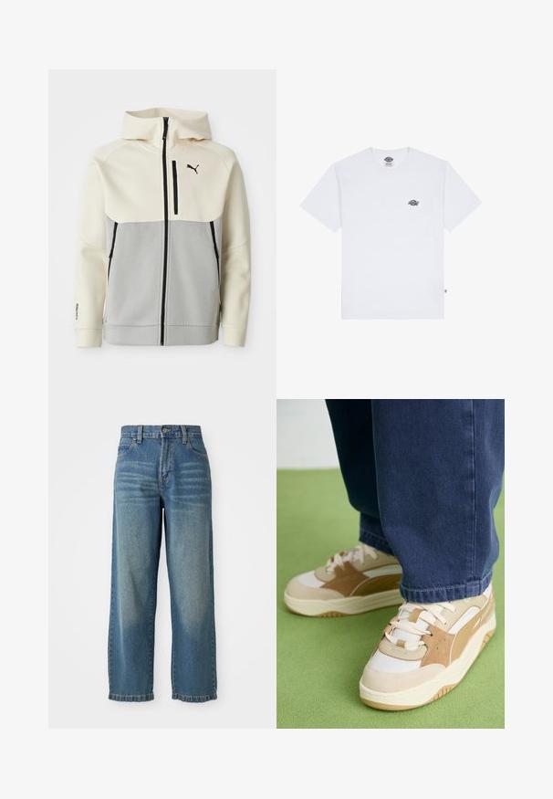 Giacca con cappuccio Puma con parte superiore crema e parte inferiore grigia, dotata di zip frontale, due tasche e dettagli del logo neri.; T-shirt bianco in cotone con maniche corte, dotato di un piccolo logo nero sul petto e di un'etichetta nell'angolo in basso a sinistra.; Jeans a gamba larga in denim blu chiaro con vita alta, cinque tasche e una finitura leggermente sbiadita. Dotati di chiusura con bottone e zipper.; Sneaker beige e bianco con parte superiore testurizzata, dettagli in suede, suola spessa e chiusura con lacci. Indossato con pantaloni in denim blu.