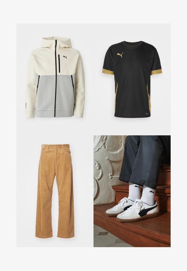 Puma capuchonjack met een crèmekleurig bovenstuk en een grijs onderstuk, voorzien van een rits aan de voorkant, twee zakken en zwarte logo-accenten.; Zwarte sport T-shirt met gouden accenten op de mouwen en zijkanten. Voorzien van een ronde hals, korte mouwen en vochtregulerende DRYCELL-stof.; Corduroy wijde broek in een tan kleur. Kenmerkt zich door geprofileerde, verticale ribbels, met een standaard tailleband en twee voorzakken.; Puma sneakers in wit en zwart suède, met een bruine rubberen zool. Gecombineerd met witte sokken met een zwart logo, gedragen met donkere broek.