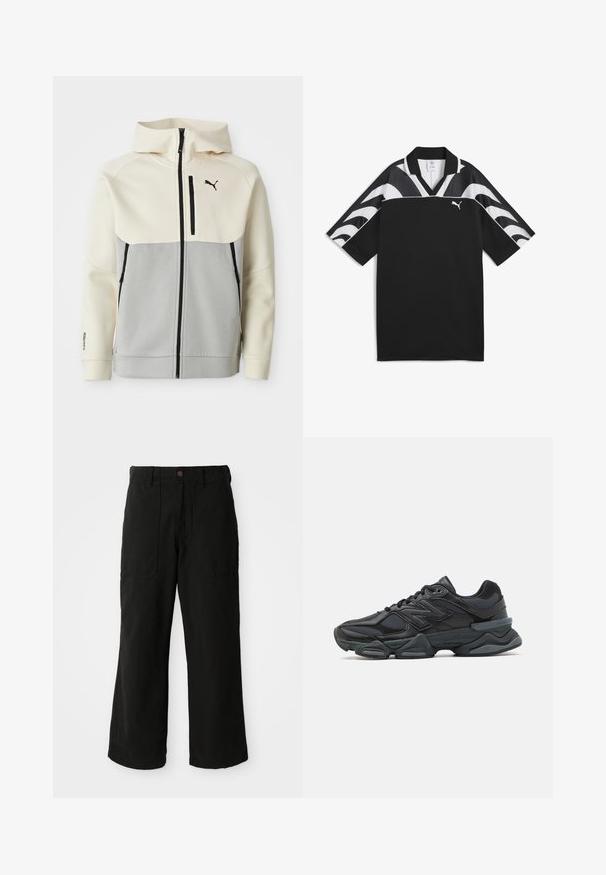 Puma Kapuzenjacke mit cremefarbener Oberseite und grauer Unterseite, mit einem Frontreißverschluss, zwei Taschen und schwarzen Logoakzenten.; Schwarzes Sporttrikot mit V-Ausschnitt, kurzen Ärmeln und weißen Wellenmustern im oberen Bereich. Verfügt über ein kleines weißes Logo auf der Vorderseite.; Schwarze weit geschnittene Hose aus weichem Stoff, mit Fronttaschen und einem Knopfverschluss an der Taille. Minimalistisches Design ohne sichtbare Muster.; Schwarzer Laufschuh mit einer Mischung aus Mesh- und sinthetischen Materialien, dicke Sohle, geschwungenes Design und auffälliger Markenkennzeichnung an der Seite.