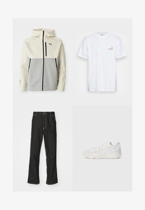 Puma bunda s kapucí, která má krémovou horní část a šedou dolní část, s předním zipem, dvěma kapsami a černými logovými akcenty.; Bílé bavlněné tričko s krátkým rukávem. Navrženo s malým oranžovým a vínovým logem na levé části hrudi. Obsahuje klasický kulatý výstřih.; Černé denimové džíny s volným střihem, s kontrastním bílým prošíváním, zapínáním na knoflík a rovnými nohavicemi.; Boční pohled na bílou a světle šedou tenisku s abstraktním vlnitým designem a silnou podrážkou na jednobarevném bílém pozadí.