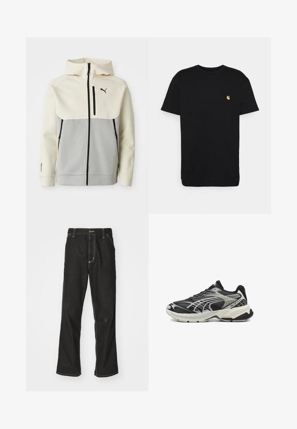 Chaqueta con capucha de Puma que presenta una parte superior en crema y una sección inferior en gris, con cierre frontal, dos bolsillos y detalles del logo en negro.; Camiseta de algodón negra con mangas cortas, cuello redondo y un pequeño logo amarillo en el área del pecho izquierdo. Diseño simple y ajuste regular.; Jeans de mezclilla negra con un corte holgado, que cuentan con costuras blancas contrastantes, cierre de botón y un diseño de pierna recta.; Zapatilla deportiva negra con superposiciones de malla y sintético, que cuenta con un collar acolchado, suela texturizada y acentos plateados en un diseño aerodinámico.