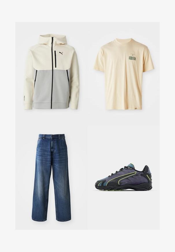 Puma hooded jacket featuring a cream upper and grey lower section, with a front zip, two pockets, and black logo accents.; Cream-colored cotton t-shirt with a round neckline, short sleeves, and a graphic print on the left chest depicting a vintage television.; High-waisted blue denim jeans with a wide-leg design, featuring subtle fading, front pockets, and a button closure at the waist.; Black and purple athletic shoes with a textured upper, green accent lines, and a rubber sole featuring a wavy design. Laced closure.