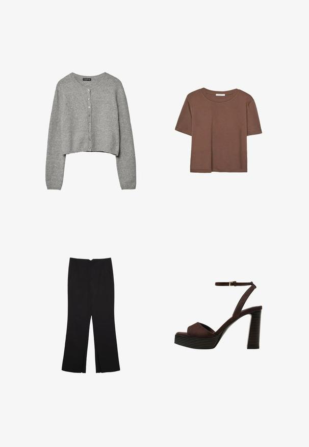 Grauer, kurzer Cardigan aus weichem Strickstoff, mit rundem Halsausschnitt, langen Ärmeln und einer Knopfleiste mit metallischen Knöpfen.; Braunes, kurzärmliges T-Shirt aus weichem Material mit rundem Halsausschnitt und lockerer Passform. Keine sichtbaren Muster oder Akzente.; Schwarze Hose mit geradem Schnitt, ausgestattet mit Fronttaschen und Seitenschlitzen am Saum. Hergestellt aus weichem, glattem Stoff. Geeignet für verschiedene Anlässe.; Braune Wildleder-Pumps mit offenem Zeh, verstellbarem Knöchelriemen und gestreiftem Plateausohlen.