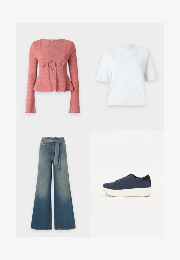 Roosa pikkade varrukatega särk, millel on V-kaelus, kokku kogutud vöökoht sidumisdetailiga ja volangiga äär. Tekstuurne kangas lisab sügavust.; Hele sinine lühikeste varrukatega T-särk, mis on valmistatud pehmest puuvillast. Omab klassikalist ümmargust kaelust ja lõdvestunud lõiget, ilma mustrite või aktsentideta.; Laiad denimpüksid, millel on hele tume sinine gradiendiefekt, kõrge vöökoht, vöökumlid ja sobivast kangast vöö. Struktureeritud denimi viimistlus.; Tumedat sinised tennised tekstureeritud riidest pealispinnaga, valge platvormi tallaga, ümarate varvaste ja musta kontsapaneeliga. Omab kuut silma paelte jaoks.