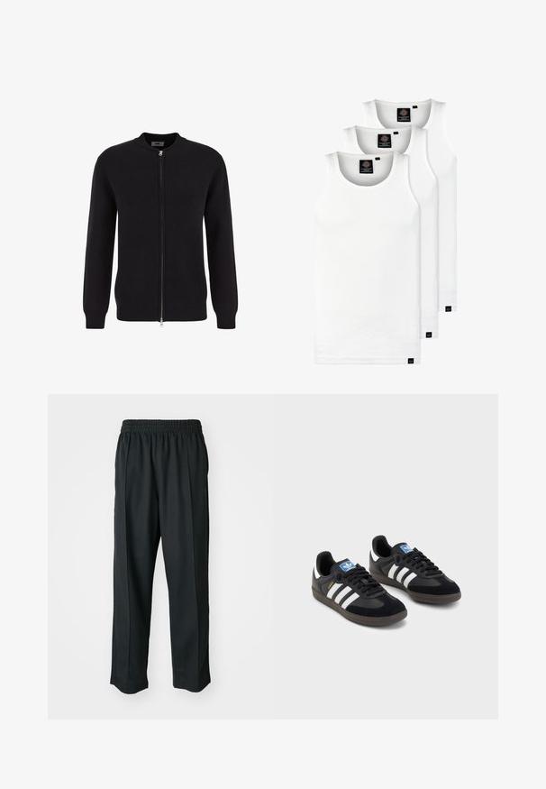 Melnas adītas kardigans ar apaļu izgriezumu un pilna garuma rāvējslēdzēju, ar ribainām manžetēm un apakšmalu, kas nodrošina strukturētu pieguļošumu.; Trīs baltas ribotas krūšturi, kas izgatavoti no kokvilnas. Iezīmēti ar apaļu kakla izgriezumu un maziem melniem etiķetēm tuvu apakšmalai. Pieejami vairākos izmēros.; Melni sporta bikses ar elastīgu jostu, izgatavotas no gludas auduma, ar smalku sānu šuvēm un brīvu piegriezumu, taisnas kājas dizains.; Melnas sporta apavas ar zamšādas un sintētisku augšdaļu, ar trim baltām svītrām, teksturētu gumijas zoli un zilu logo birku uz mēles.