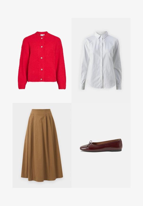 Červený pletený kardigán s dlhými rukávmi a piatimi striebornými textúrovanými gombíkmi na prednej strane.; Biela košeľa s gombíkmi vyrobená z hladkej bavlny, s klasickým golierom, dlhými rukávmi a zakriveným lemom. Gombíky sú malé a biele.; Hnedá bavlnená sukňa A-línie s vysokým pásom, so skladmi vpredu a hladkou textúrou. Hranice sú čisté a jednoduché.; Burgundské lakované balerínky s okrúhlou špičkou, malou mašľou na prednej strane a nízkou čiernou gumovou podrážkou. Hladký povrch.