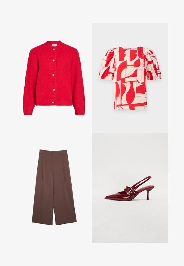 Červený pletený svetr s dlouhými rukávy a pěti stříbrnými texturovanými knoflíky po přední straně.; Červená a krémová blůza s krátkým rukávem a výrazným geometrickým potiskem. Obsahuje balónové rukávy a kulatý výstřih, vyrobená z měkké tkaniny.; Hnědé široké kalhoty s hladkou texturou, vysokým pasem a předními záhyby. Materiál je lehký a volně splývá.; Červené lakované kožené lodičky na podpatku s špičatou špičkou, dvěma přezkami a štíhlým, středně vysokým jehlovým podpatkem. Hladký povrch.
