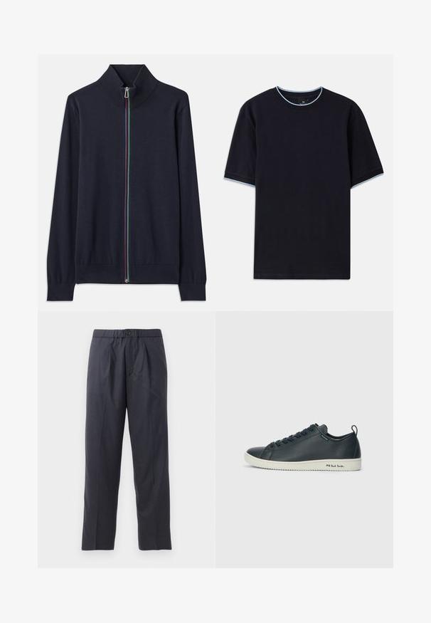 Navy zip-up cardigan with a high collar, featuring a multicolored zipper and ribbed cuffs. Made from a soft knit material.; Dark blue short-sleeve t-shirt with a round neckline, featuring light blue accent at the collar and sleeves. Made of soft cotton fabric.; Dark navy trousers made of soft fabric with a pleated front design and elastic waistband. Features a button closure and straight-leg cut.; Dark navy leather sneaker with a smooth finish, rounded toe, six eyelet lacing, and contrasting white rubber sole. Features branding on the side.