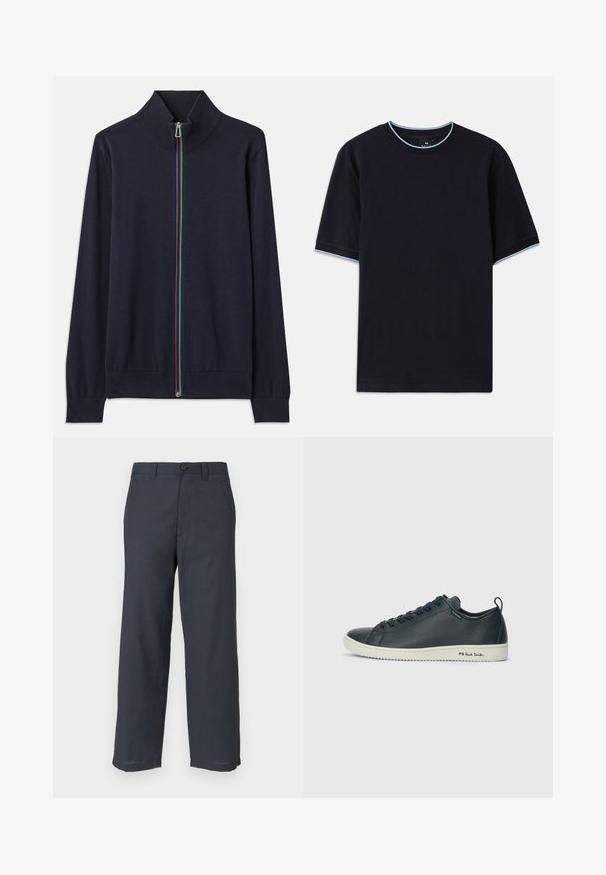 Navy zip-up cardigan with a high collar, featuring a multicolored zipper and ribbed cuffs. Made from a soft knit material.; Dark blue short-sleeve t-shirt with a round neckline, featuring light blue accent at the collar and sleeves. Made of soft cotton fabric.; Navy blue trousers made of smooth fabric, featuring a straight-leg cut, two front pockets, and a single button closure.; Dark navy leather sneaker with a smooth finish, rounded toe, six eyelet lacing, and contrasting white rubber sole. Features branding on the side.