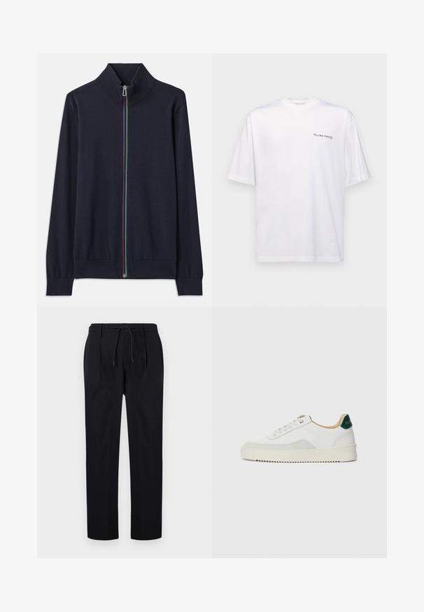 Námořnický svetr na zip s vysokým límcem, který je vybaven multikolorovým zipem a žebrovanými manžetami. Vyroben z měkkého pleteného materiálu.; Bílé tričko s krátkým rukávem z bavlny s výstřihem do V, na levé straně se nachází černé logo "FILLING PIECES".; Černé kalhoty z hladkého materiálu, s pasem na šňůrku, rovnými nohavicemi a předními záhyby pro strukturovaný vzhled.; Bílé tenisky se semišovými prvky, kulatou špičkou, plochými tkaničkami a krémovou gumovou podrážkou. Na patě mají zelené logo.