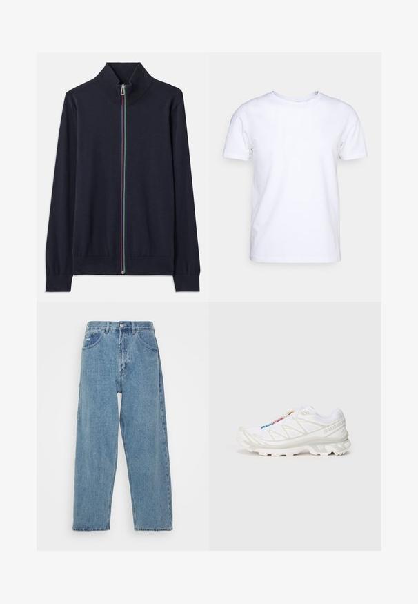 Tumši zila zipa džemperis ar augstu apkakli, kas piedāvā daudzkrāsainu zīmu un ribotu piedurkni. Izgatavots no mīksta adījuma materiāla.; Balts īsām piedurknēm T-krekls no kokvilnas auduma ar apaļu kakla izgriezumu. Vienkāršs dizains bez rakstiem vai akcentiem. Gluda tekstūra.; Gai zilo denima džinsu bikses ar augstu vidukli, brīvu piegriezumu, divām priekšējām kabatām, aizmugurējo kabatu un pogu aizdari.; Balti sporta apavi ar teksturētu sietu augšdaļu, atstarojošiem akcentiem un mīkstu zoli. Izteikts zīmola logotips sānos.