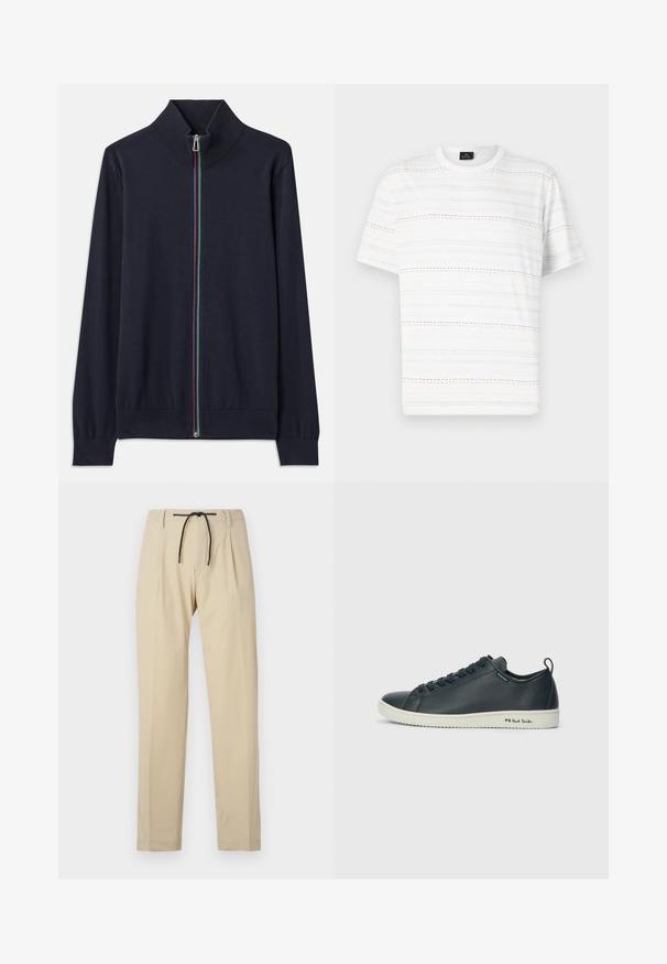 Navy zip-up cardigan with a high collar, featuring a multicolored zipper and ribbed cuffs. Made from a soft knit material.; White T-shirt with short sleeves, featuring horizontal dashed lines in light blue, pink, and black. Classic crew neck design.; Beige trousers with a straight fit, featuring a drawstring waist, pleated front, and smooth texture. Simple, versatile design.; Dark navy leather sneaker with a smooth finish, rounded toe, six eyelet lacing, and contrasting white rubber sole. Features branding on the side.