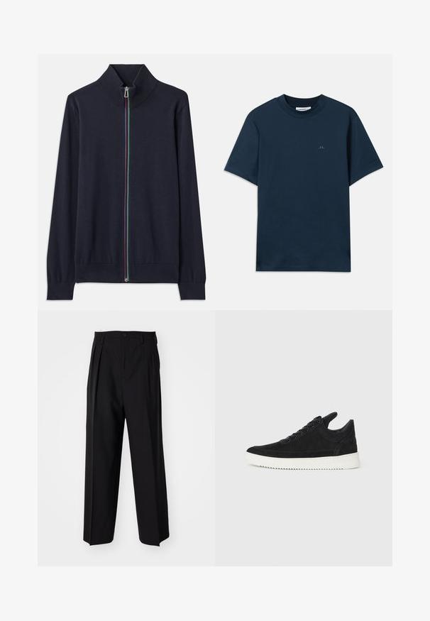 Navy zip-up cardigan with a high collar, featuring a multicolored zipper and ribbed cuffs. Made from a soft knit material.; Navy blue cotton t-shirt with a crew neck, short sleeves, and a subtle logo printed on the chest. Smooth texture and classic fit.; Black pleated trousers with a straight, wide-leg design. Made from smooth fabric, featuring a button closure and belt loops.; Black suede sneaker with a white rubber sole, featuring tonal stitching and lace-up design. Smooth texture with a modern, streamlined shape.