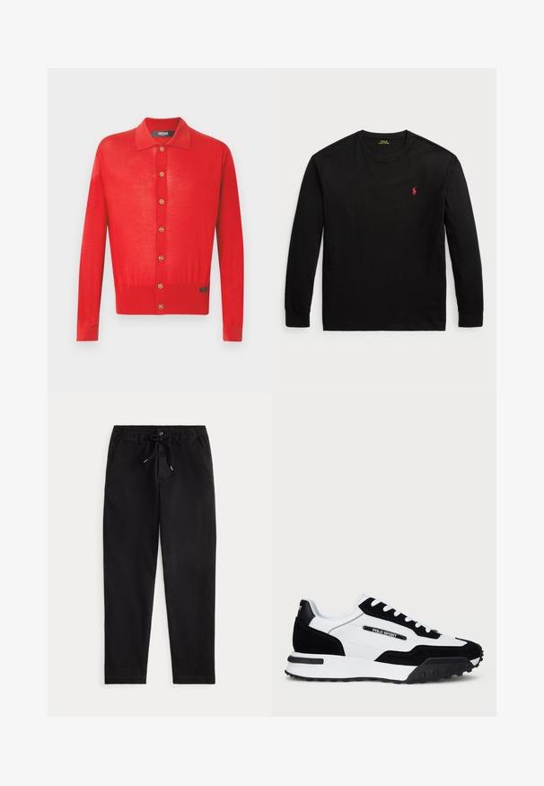 Red long-sleeve button-up cardigan with gold buttons, a collar, and a small black brand patch near the hem.; Black long-sleeve t-shirt made of cotton. Features a crew neck, ribbed cuffs, and a small red embroidered logo on the chest. Smooth texture.; Black casual trousers with elastic waistband, drawstring tie, front button, and side pockets, displayed on a plain background.; Sneakers with a black suede and white leather upper, featuring a black rubber sole, white laces, and a "POLO SPORT" logo on the side.