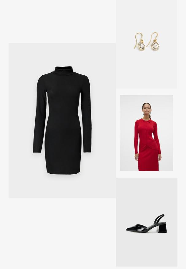 Vero Moda VMWILLOW - Jopica - salsa; Črna rebrasta obleka z dolgimi rokavi in simuliranim ovratnikom, oprijetega silhuete in gladke teksture. Dolžina do sredine stegna, brez vidnih vzorcev ali akcentov.; Črne lakirane slingback pete s koničastim nosom in geometrijsko blokasto peto. Imajo eleganten, minimalističen dizajn in gladko teksturo.; Črna usnjena torbica s ukrivljeno obliko, z odstranljivo naramnico in zlatimi dodatki. Torbica ima pokrov s podrobnostmi v obliki zaponke.; Zlato obarvani uhani z ovalnimi prozornimi kristali, ki jih obdajajo manjši prozorni kamenčki, s sistemom za oblačenje za varno nošenje.