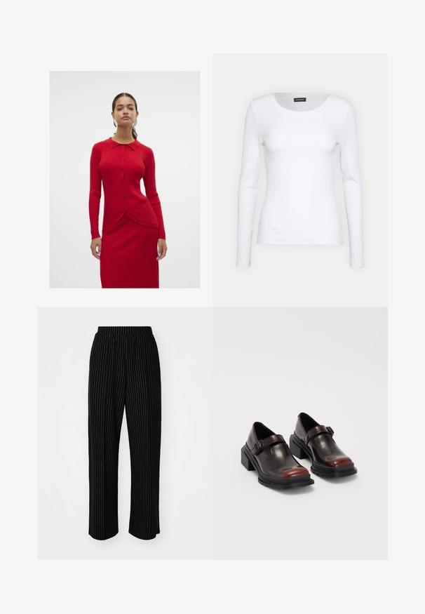 Vero Moda VMWILLOW - Kardigán - salsa; Fehér bordás, hosszú ujjú felső, kerek nyakkivágással. Rugalmas anyagból készült, amely követi a test vonalát. Finom vízszintes csíkokkal díszített.; Fekete, széles szárú nadrág fehér függőleges csíkozással, rugalmas derékkal a kényelem érdekében és sima, puha textúrával.; Bőr, blokksarkú cipők fényes, sötét burgundi színben, csatpánttal és lekerekített orral. Texturált talp a tapadásért.