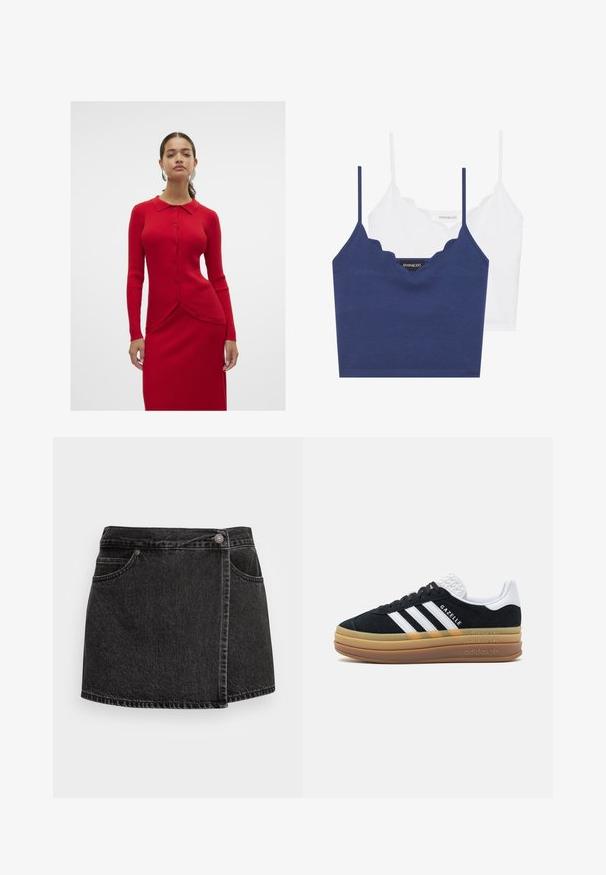 Vero Moda VMWILLOW - Kardigán - salsa; Tengerészkék és fehér pamut melltartó szett fodrozott nyakkivágással, vékony állítható pántokkal és testhez simuló fazonnal. Logócímke a tengerészkék rész belső oldalán.; Fekete farmer mini szoknya enyhén foszlott szegéllyel, két elülső zsebbel és ezüst gombos zárással. Oldal horgolt kialakítással rendelkezik.; Fekete velúr sportcipő fehér részletekkel és három csíkkal, texturált fehér sarokkal, gumitalppal és "Gazelle" felirattal.