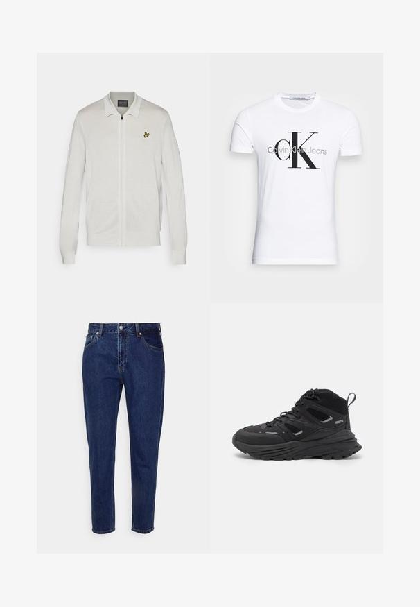 Balts zip-up kardigans ar teksturētu audumu. Tam ir dzeltena izšūta logo kreisajā krūtī un ribota aproču un apakšmala.; Baltas kokvilnas T-krekls ar melnu "CK" logo un tekstu "Calvin Klein Jeans", īsām piedurknēm un klasisku apaļu kakla izgriezumu.; Tums tumši zilas džinsu bikses ar taisnu kāju dizainu, piecām kabatām un pogu aizdari. Iespējas ar vieglu izbalēšanu un šuvju detaļām.; Melnas pārgājienu kurpes ar slāņotu dizainu, teksturētu audumu un gumijas zoli, ar nostiprinātām vietām un auklām priekšā.