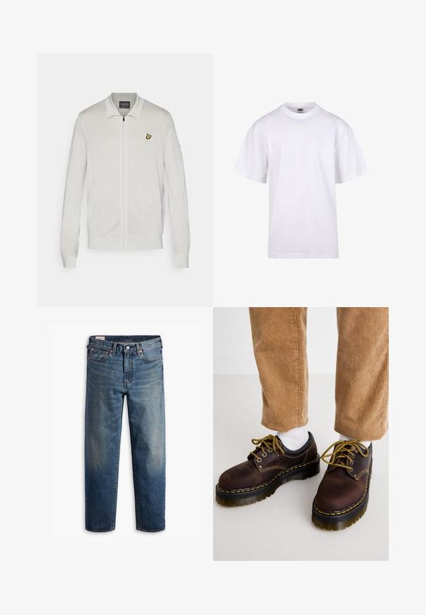 Cárdigan blanco con cremallera de tela texturizada. Presenta un logo amarillo bordado en el pecho izquierdo y puños y dobladillo acanalados.; Camiseta blanca de algodón con cuello redondo, mangas cortas y un corte relajado. Presenta un diseño liso sin patrones ni detalles.; Jeans de mezclilla azul de pierna recta con un diseño clásico de cinco bolsillos, cierre de botón y un sutil efecto desgastado en los muslos y las rodillas.; Zapatos de cuero marrón con costuras amarillas, punta redonda, suela gruesa y detalles en negro contrastantes. Llevados con calcetines blancos y pantalones de pana.