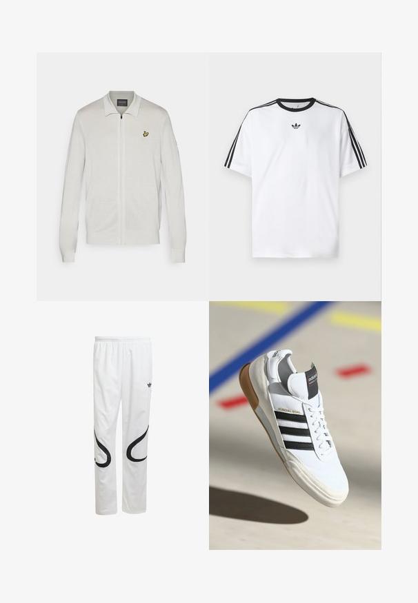 White zip-up cardigan with a textured fabric. Features a yellow embroidered logo on the left chest and ribbed cuffs and hem.; White T-shirt made of cotton, featuring a black round neckline and three black stripes on each shoulder. Small black logo on the chest.; White athletic pants with a smooth texture, featuring black curved designs on the sides and a black logo near the waistband.; White Adidas Mundial Goal sneaker with black stripes and gum sole, shown mid-air over a sports court floor with colored lines.