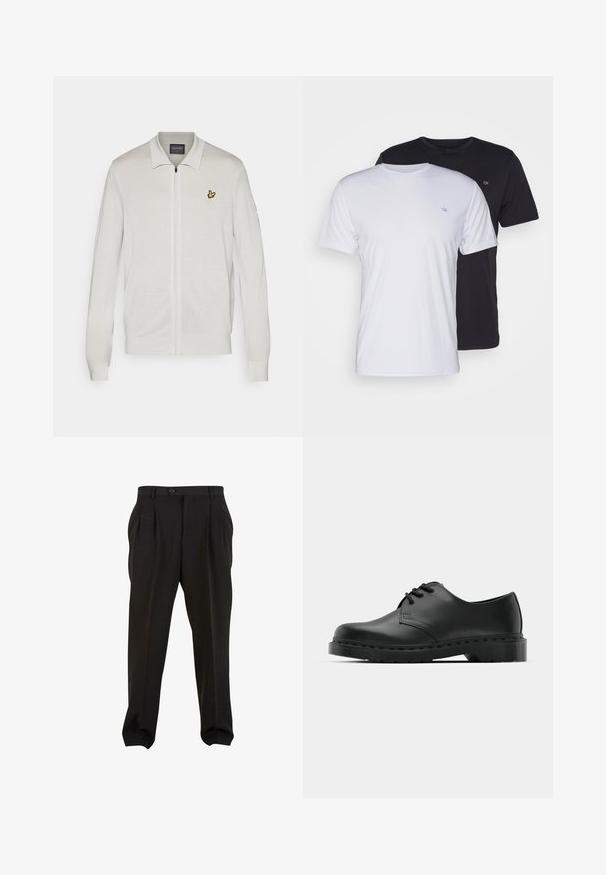 Weiße Zip-up-Strickjacke aus strukturiertem Material. Mit einem gelben gestickten Logo auf der linken Brust und gerippten Bündchen sowie Saum.; Zwei Baumwoll-T-Shirts in Weiß und Schwarz, kurzärmlig mit Rundhalsausschnitt, mit einem kleinen Logo auf der Brust, glatte Textur.; Schwarze Hose aus glattem Stoff mit Frontfalten, einem Knopfbund und schmal zulaufenden Knöchelbündchen. Klassische, taillierte Silhouette.; Schwarze Leder-Oxford-Schuhe mit Schnürdesign, runder Zehenform, flacher Gummisohle und subtilen Nähten entlang des oberen Teils.