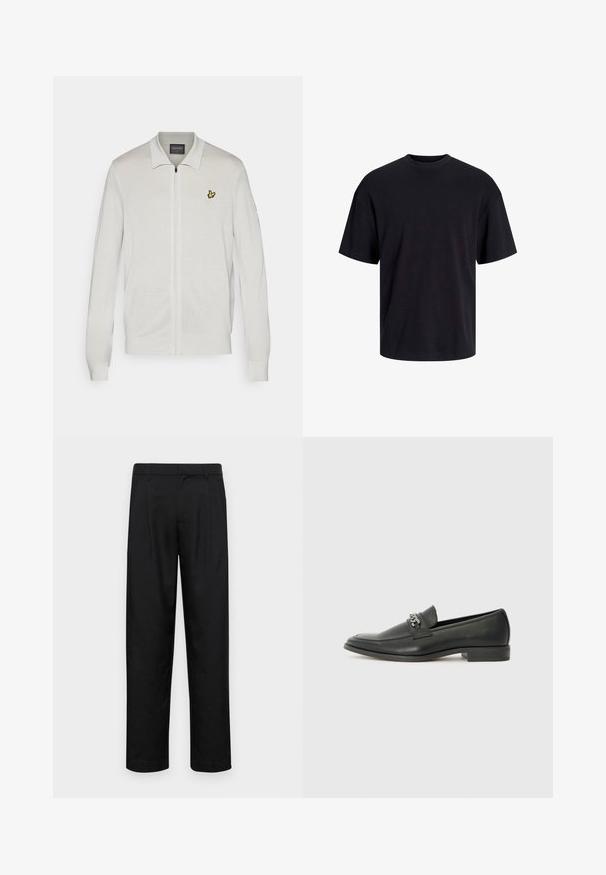 Cardigan bianco con zip in un tessuto testurizzato. Presenta un logo giallo ricamato sul lato sinistro del petto e polsini e orlo a coste.; T-shirt in cotone nero con collo rotondo, maniche corte e vestibilità morbida. Texture liscia senza pattern o dettagli visibili.; Pantaloni neri realizzati in tessuto liscio, caratterizzati da un taglio dritto, due pieghe frontali e una vita standard con passanti per la cintura.; Mocassino in pelle nera con finitura liscia, caratterizzato da un design cucito e da un accento decorativo in catena metallica sul vamp. Tacco piatto.