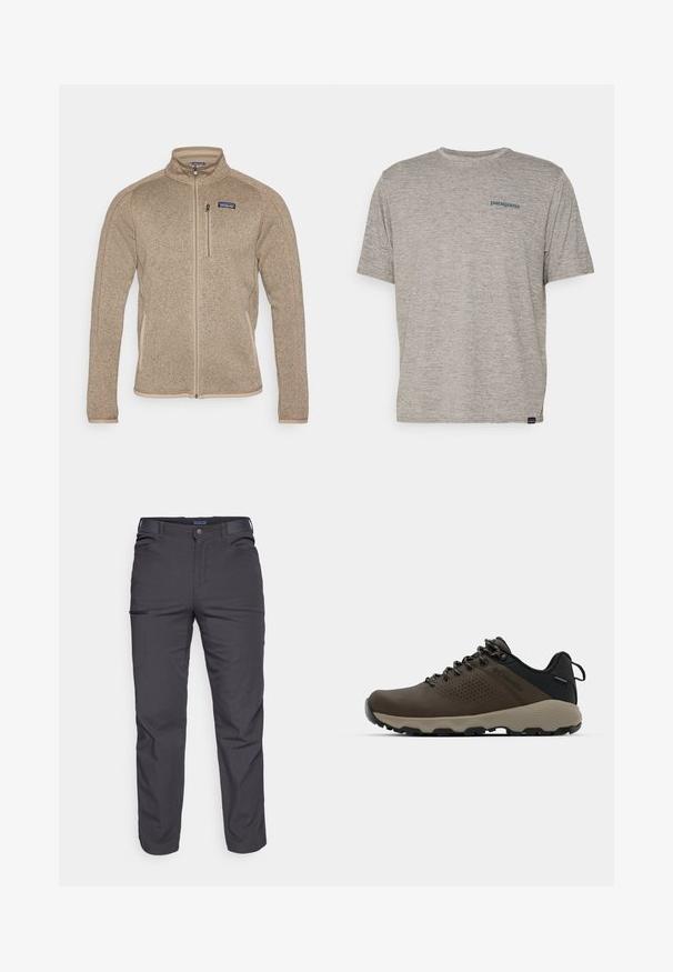 Fleecejakke i tan med høj krave og fuld lynlås foran. Har beige kant og et lille logo på venstre bryst. Teksturomtøj.; Grå kortærmet t-shirt lavet af blødt, struktureret stof med et lille blåt Patagonia-logo på venstre bryst. Ingen yderligere mønstre.; Mørkegrå bukser lavet af holdbart stof, med en lynlåslomme, lige snit og bæltestropper for justerbar pasform.; Brune vandtætte sneakers med en tekstureret overflade, perforerede akcenter, sort hælunderstøttelse og en grå gummisål. Snørebåndene er udsmykket med metalender.