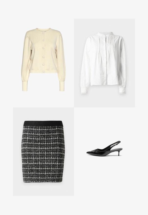 Cream knitted cardigan with a round neckline, long sleeves, ribbed cuffs, and button front closure featuring large, smooth buttons.; White long-sleeve blouse with stand collar, vertical pleats on front, button closure, and lace-trimmed cuffs.; Black and white checkered skirt with a textured fabric, featuring a black waistband and a fitted silhouette.; Black leather slingback heels with a pointed toe, small kitten heel, and a decorative knot detail on the front. Smooth texture throughout.