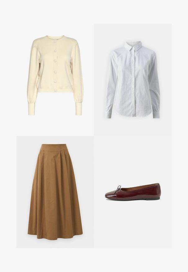 Kerman neulecardigan, jossa on pyöreä pääntie, pitkät hihat, ribatulla hihansuulla ja nappikiinnitys, jossa on suuret, sileät napit.; Valkoinen napitettava paita, joka on valmistettu sileästä puuvillasta. Paidassa on klassinen kaulus, pitkät hihat ja kaareva helma. Nappien koko on pieni ja ne ovat valkoiset.; Ruskea puuvillainen A-linjainen hame korkealla vyötäröllä, jossa on laskokset edessä ja sileä pinta. Helma on viimeistelty siististi ja yksinkertaisesti.; Burgundin värinen lakattu nahkainen ballerinatossu pyöreällä varvaskärjellä, pienen nauhan yksityiskohdalla edessä ja matalalla mustalla kumipohjalla. Sujuva pinta.