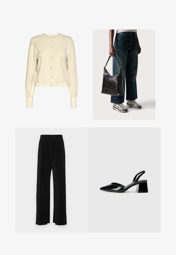 Kremfarget strikket cardigan med rund hals, lange ermer, ribbestrikkede mansjetter og knapplukking foran, med store, glatte knapper.; Svart t-skjorte med korte ermer og rund hals, laget av mykt bomullsstoff. Enkelt design, ingen synlige logoer eller mønstre.; Sorte plisserte bukser med elastisk midje. Har vide ben og et glatt, strukturert stoff med vertikale striper.; Svarte patentlær slingback hæler med spiss tå og geometrisk blokk hæl. Har et stilrent, minimalistisk design og jevn tekstur.; Sort skinnveske med en glatt tekstur og justerbar stropp, kombinert med falmede vide jeans og atletiske sneakers.