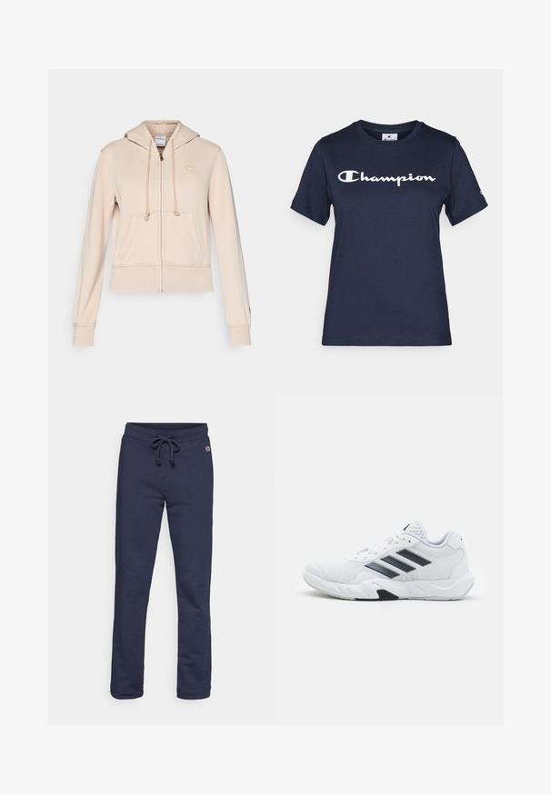 Casaco com fecho éclair na cor bege, feito de um tecido macio. Apresenta um capuz, cordões, bolsos frontais e um logo em relevo no peito. Punhos e barra canelados.; Camiseta de algodão azul-marinho com mangas curtas, com um logo branco "Champion" no peito e um pequeno logo na manga.; Calças de treino azul-marinho feitas de um suave tecido em mistura de algodão, com cintura elástica ajustável e bainha fechada, apresentando um pequeno logótipo como detalhe.; Tênis atlético branco com parte superior em malha, três listras pretas de cada lado, detalhes texturizados e uma sola de borracha resistente com uma seção preta contrastante.