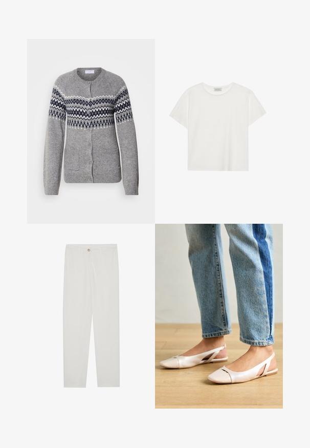 Cardigan cinza tricotado com gola redonda, padrões geométricos em azul-marinho e branco no peito, fecho por botão e dois bolsos frontais.; T-shirt branca de manga curta feita de algodão macio. Apresenta um decote redondo e um corte descontraído. Design limpo sem padrões ou detalhes visíveis.; Calças brancas, ajustadas, com um design de perna reta, apresentando um fecho de botão, passantes para cinto e bolsos laterais; textura de tecido suave.; Sapatilhas slingback de cor rosa pálido com bico fino, feitas de um material semelhante a couro liso. Apresentam detalhes recortados nas laterais e um salto plano.