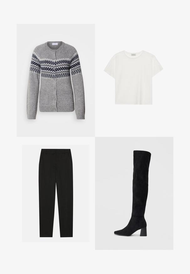 Gray knitted cardigan with a round neck, navy and white geometric patterns on the chest, button closure, and two front pockets.; White short-sleeve T-shirt made of soft cotton. Features a round neckline and relaxed fit. Clean design with no visible patterns or accents.; Black trousers with a tailored design, featuring side pockets and a straight leg. Made from smooth, lightweight fabric with a sleek finish.; Black suede knee-high boot with block heel, pointed toe, and smooth, seamless design on a plain light background.