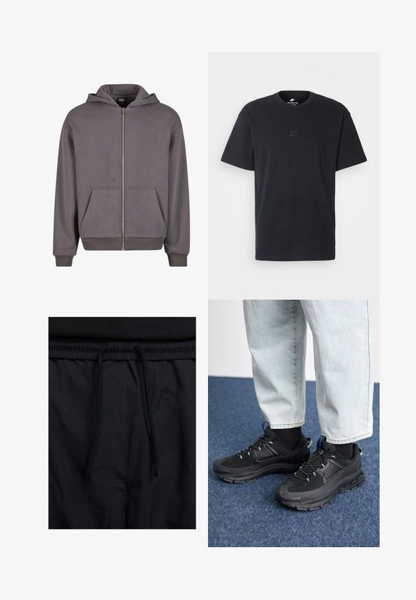 Šedá mikina na zip s klokankou, žebrovanými manžetami a lemem. Vyrobena z měkké tkaniny s hladkou texturou. Obsahuje kapuci se stahovacími šňůrkami.; Černé bavlněné tričko Nike s klasickým kulatým výstřihem, krátkými rukávy a decentně vyraženým logem na hrudi. Hladký povrch.; Černé šortky s páskem na šňůrku, lehký materiál s hladkou texturou a jednoduchý design bez viditelných log nebo vzorů.; Černé sportovní boty s texturovanou tkaninou a gumovou podrážkou, s elastickými tkaničkami a modrým akcentem na patě. Nosí se s světlými džíny.