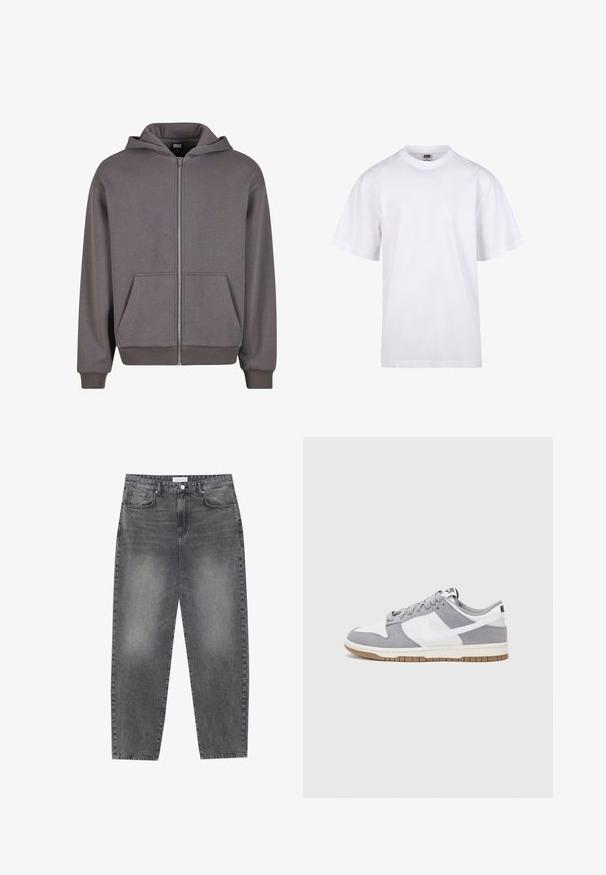 Felpa grigia con zip, dotata di tasca a marsupio, polsini e orlo a coste. Realizzata in un morbido tessuto con una texture liscia. Presenta un cappuccio con cordoncino.; T-shirt bianca in cotone con scollatura a girocollo, maniche corte e vestibilità rilassata. Presenta un design semplice senza motivi o accenti.; Jeans a vita alta, dal taglio ampio in denim nero sbiadito. Presentano cinque tasche, passanti per cintura e un design dritto e pulito.; Sneaker grigia e bianca con tomaia in suede e pelle, punta arrotondata, lacci piatti e soletta in gomma con un accento color caramello.