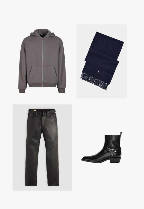 Grijze zip-up hoodie met een kangoeroezak, ribgebreide manchetten en zoom. Gemaakt van zachte stof met een gladde textuur. Voorzien van een capuchon met trektouw.; Zwart langarm t-shirt van katoen, met een ronde halslijn en rechte snit, voorzien van een klein logo detail op de mouw.; Zwarte spijkerbroeken van denim met een rechte snit, voorzien van een knoop- en ritssluiting, vijf zakken en een zachte textuur.; Zwarte leren enkellaars met spitse neus, decoratieve riem en cirkelvormige gespsluiting, en een lage hak. Gladde textuur met minimale stiksels.; Marineblauwe wollen sjaal met franjes aan de uiteinden en een subtiel oranje geborduurd logo. Soepele textuur, rechthoekige vorm en minimalistisch ontwerp.