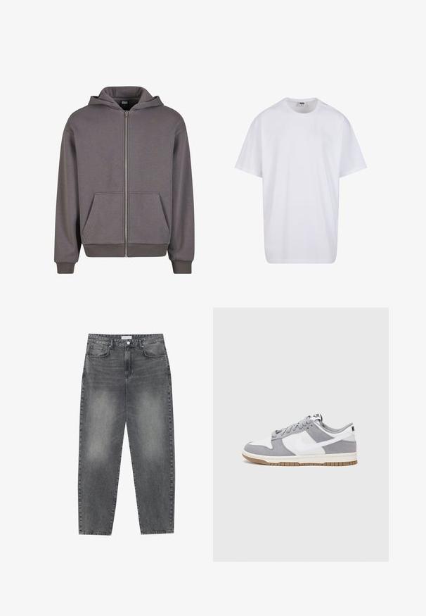 Grå hettegenser med glidelås, kengurulomme, ribbestrikkede mansjetter og nederkant. Laget av mykt stoff med en jevn tekstur. Har en hette med snøring.; Hvit bomull t-skjorte med korte ermer, rund utringning, avslappet passform, og ingen synlige logoer eller mønstre. Glatt tekstur og minimalistisk design.; Høyt liv, løstsittende jeans i falmet svart denim. Har fem lommer, beltehemper og et rent, rett ben-design.; Grå og hvite sneakers med overdel i semsket skinn og lær, rund tå, flate lisser, og gummisåle med gummibelegg.