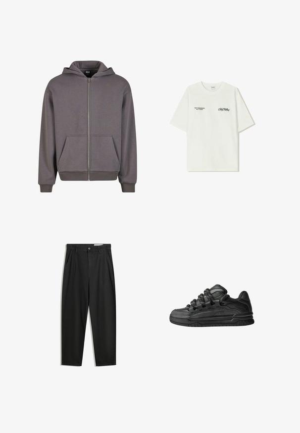 Sivá mikina na zips s kengurím vreckom, rebrovanými manžetami a lemom. Vyrobená z jemnej látky s hladkou textúrou. Má kapucňu so šnúrkou.; Biela bavlnená tričko s krátkymi rukávmi. Na prednej časti je čierny text: "NIE ZAJTRA NIE DNES" a "UMENIE HLINENIA" v zelenej skripte.; Čierne bavlnené nohavice s voľným strihom, s klasickým pásom, prednými záhybmi a bočnými vreckami. Hladká textúra bez vzorov.; Čierne tenisky s hladkým koženým zvrškom, štruktúrovanými akcentami a okrúhlymi čierno-bielymi šnúrkami. Hrubá gumená podrážka s vzorovaným dezénom.