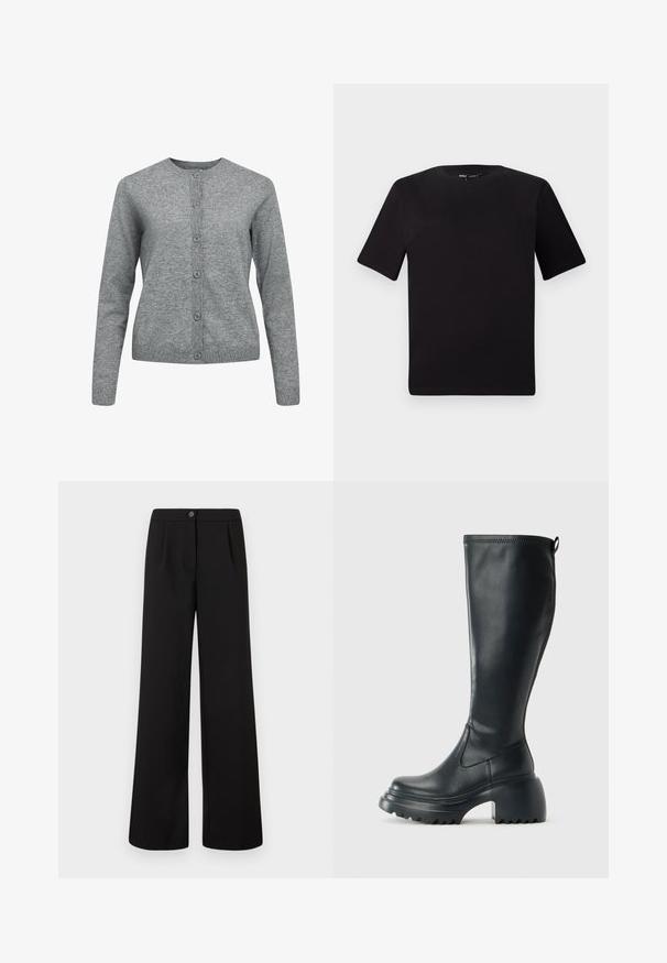 Cárdigan de punto gris con cuello redondo, manga larga y cierre de botones. Presenta puños y dobladillo acanalados, con una textura suave y lisa.; Camiseta negra de manga corta con cuello redondo, fabricada en suave algodón. Diseño simple, sin logos ni patrones visibles.; Pantalones negros de tiro alto y pierna ancha con cierre frontal de botón y cremallera, que presentan suaves pliegues debajo de la cintura.; Bota alta de cuero negro con suela de plataforma gruesa y tacón cuadrado, que cuenta con una lengüeta y un relieve texturizado en la suela exterior.