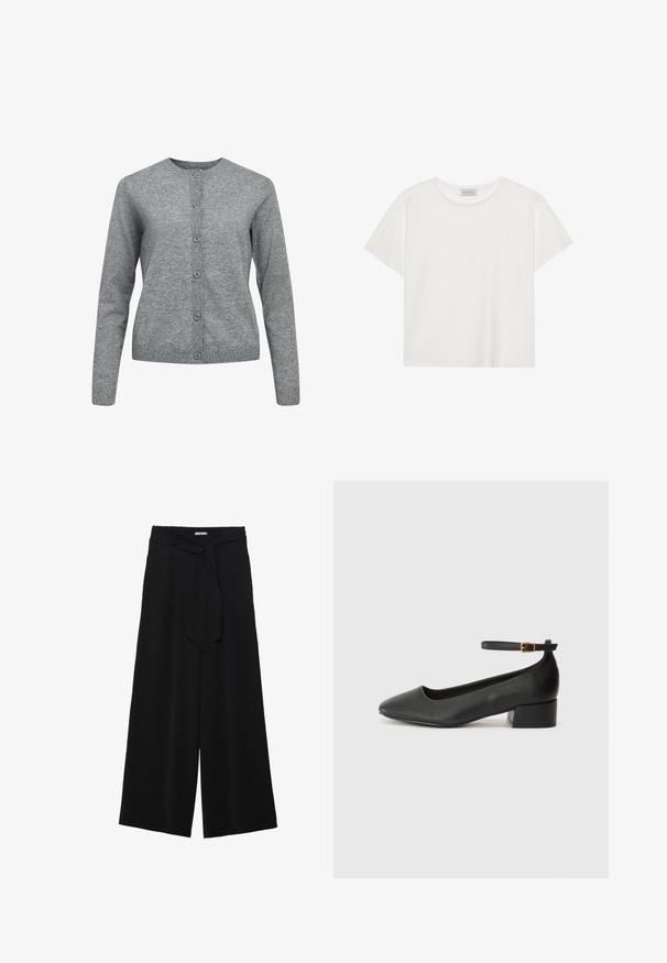 Cardigan en tricot gris avec col rond, manches longues et fermeture à boutons. Présente des poignets et un ourlet côtelés avec une texture douce et lisse.; T-shirt blanc à manches courtes en coton doux. Présente un col rond et une coupe décontractée. Design épuré sans motifs ni accents visibles.; Pantalons larges noirs en tissu texturé, avec une taille élastique et une ceinture à nouer amovible à la taille pour un ajustement variable.; Escarpin en cuir noir avec un bout pointu et un petit talon bloc. Doté d'une bride de cheville avec une boucle dorée. Texture lisse.