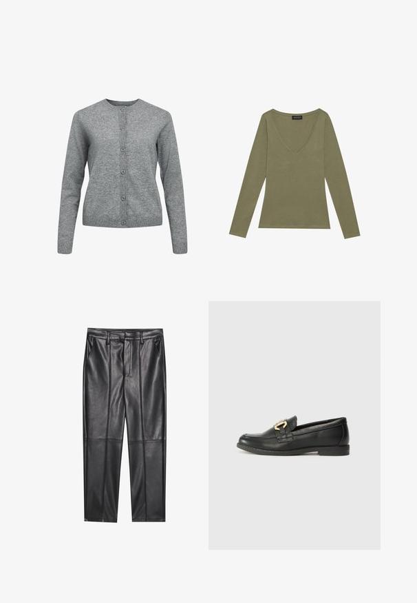 Sivi pleteni kardigan s okruglim izrezom, dugim rukavima i kopčanjem na gumbe. Ima rebraste manžete i porub s mekanom, glatkom teksturom.; Maslinasto zeleni dukserica dugih rukava s V-izrezom. Mekani pamuk, prilagođen kroj i minimalni šavovi na rubovima i rukavima.; Crne kožne hlače s glatkom teksturom, ravnog kroja, s dva prednja džepa i vidljivim šavovima.; Crni kožni loafer s okruglim vrhom, s detaljem zlatne kopče i niskom petom, glatke teksture i minimalnim šavovima.