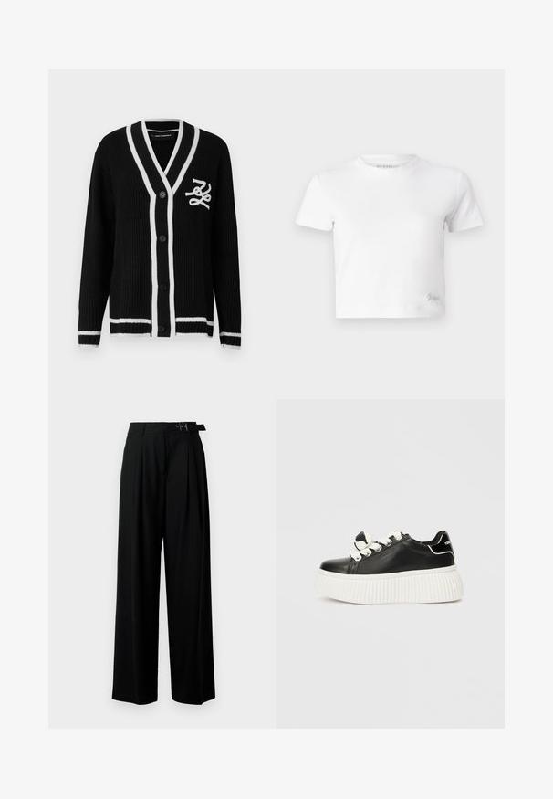 Casaco preto de malha com acabamento branco, botões na frente, mangas compridas e logótipo branco bordado no lado esquerdo do peito.; T-shirt cropped branco feito de algodão suave, com um decote alto e mangas curtas. Pequeno logótipo bordado no canto inferior.; Calças largas pretas de cintura alta, com pregas à frente e um cinto com fivela. Feitas de um tecido liso e leve.; Sapatilha de couro preto com uma sola grossa branca e canelada, apresentando atacadores brancos e um detalhe de laço decorativo na lingueta.