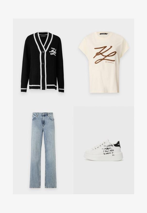 Svart strikket cardigan med hvit kant, knapper foran, lange ermer og hvit brodert logo på venstre bryst.; Kremfarget bomull T-skjorte med korte ermer, med en brun brodert logo og skriftdesign på fronten.; Lyseblå, vide jeans laget av denim. Har en knapp- og glidelås- lukking, frontlommer og subtil fading. Rene sømmer.; Hvite plattform sneakers med svarte detaljer, med en teksturert såle og håndskrevet tekst på sidene. Glatt lærmateriale.