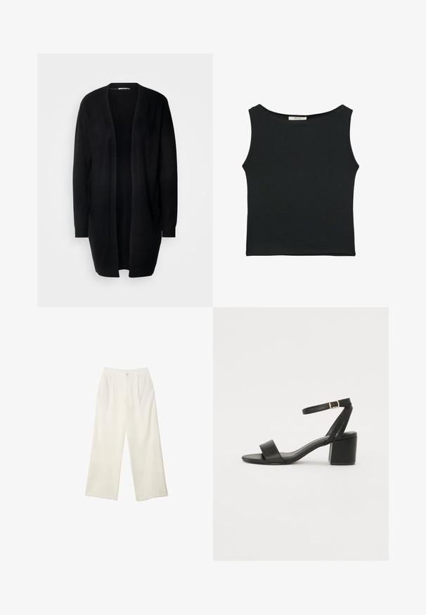 Schwarzer langer Cardigan mit offenem Vorderteil, aus weichem Material. Verfügt über lange Ärmel und zwei Vordertaschen. Glatte Textur, einfaches Design.; Schwarzes ärmelloses Oberteil aus glattem Stoff, mit einem runden Ausschnitt und einer figurbetonten Passform, ohne sichtbare Muster oder Verzierungen.; Helle Stoffhose mit weitem Bein und glatter Textur, ausgestattet mit einem einzelnen Knopf vorne, dezenten Falten und einem Hochbund-Design.; Schwarze High Heels Sandalen mit einem glatten Lederoberteil, offener Zehenpartie, breiten Vorderstraps und verstellbarem Knöchelriemen mit einem goldenen Schnallen-Detail.